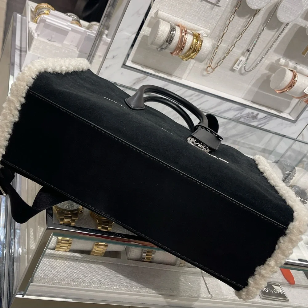 MICHAEL KORS Mirella Medium Suede and Faux Shearling Tote Bag Black  NWT